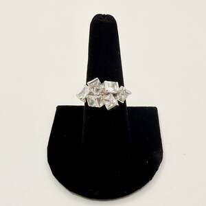 Silver Tone Crystal Cluster Ring Size 7.5 Princess Cut Square Statement Vintage